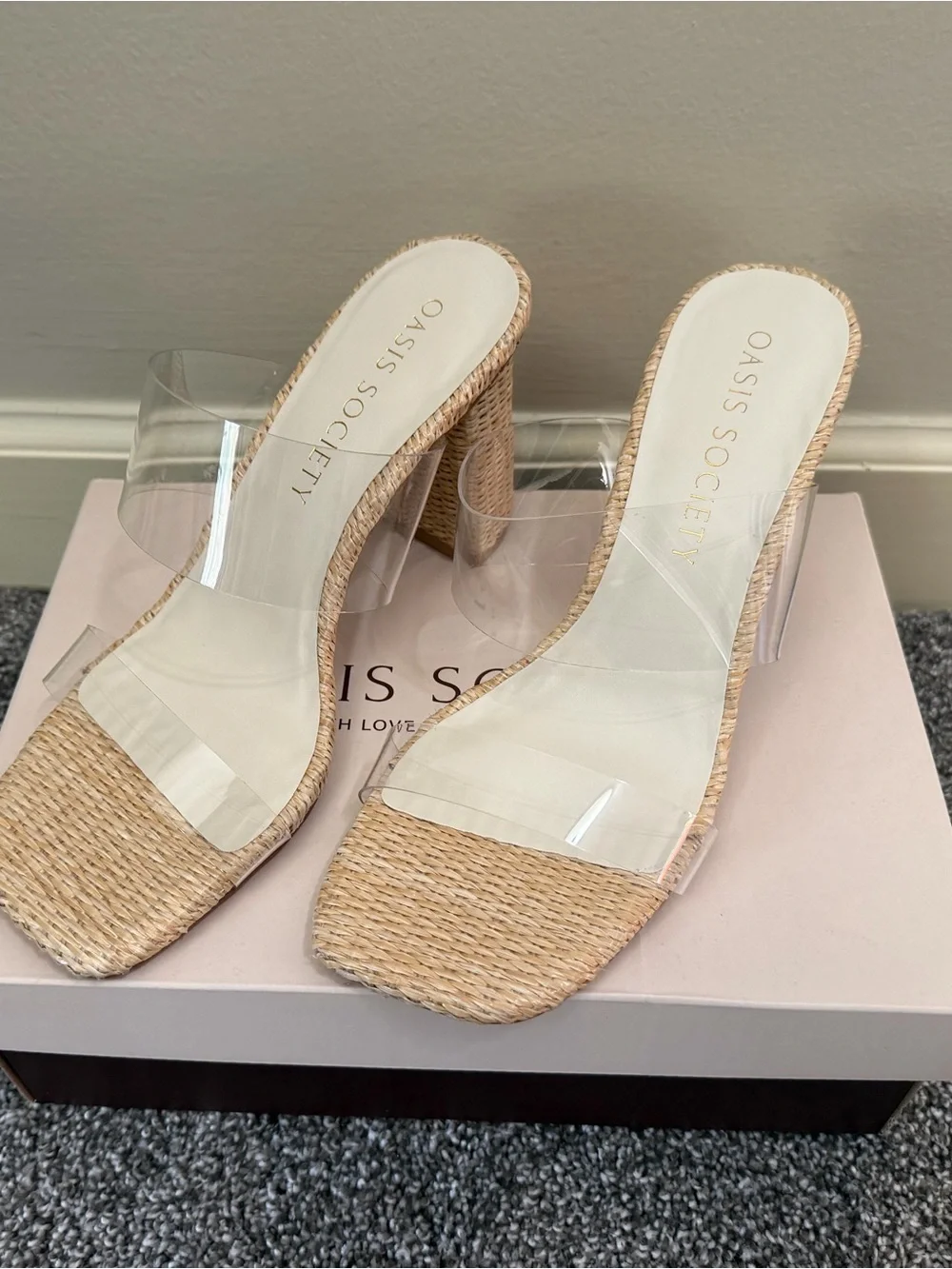 Oasis Society Clear-Strap Natural Woven Block Heel Mules